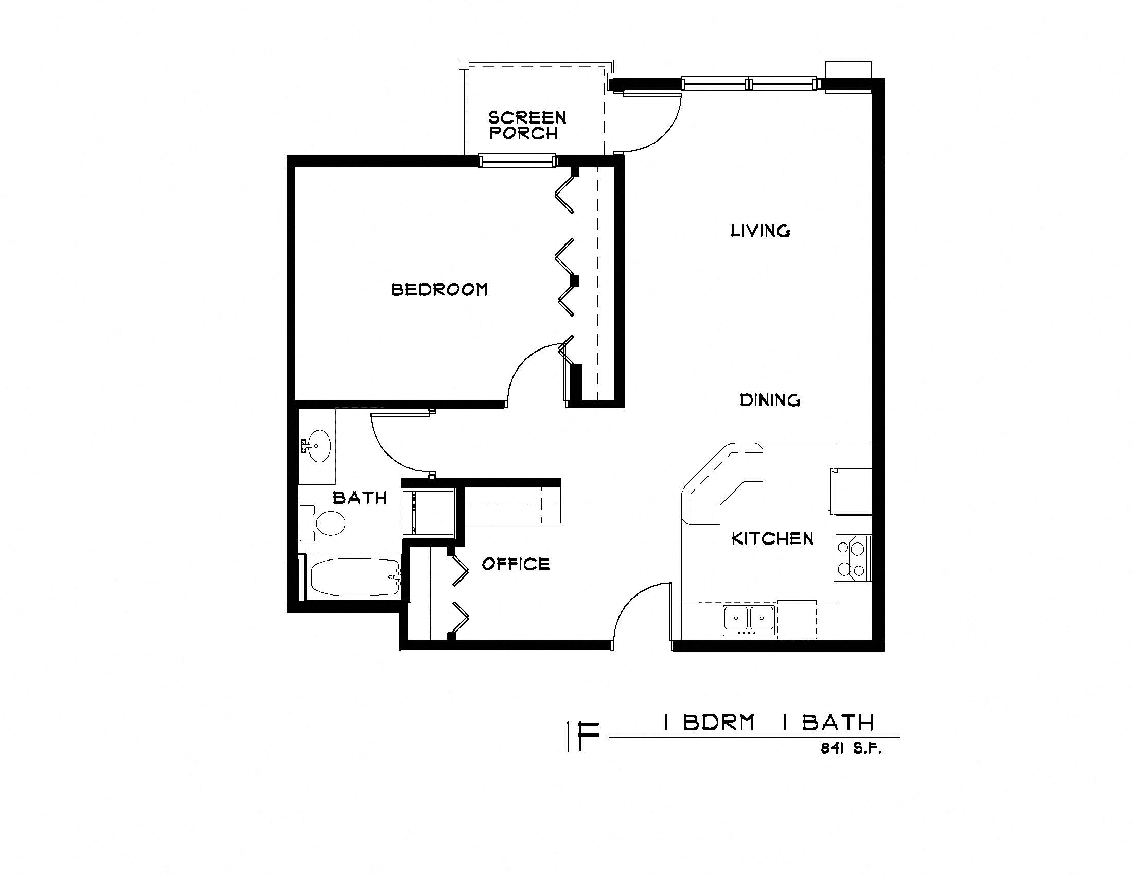 Floor plan for 1 bed, 1 bath, 907 sqft